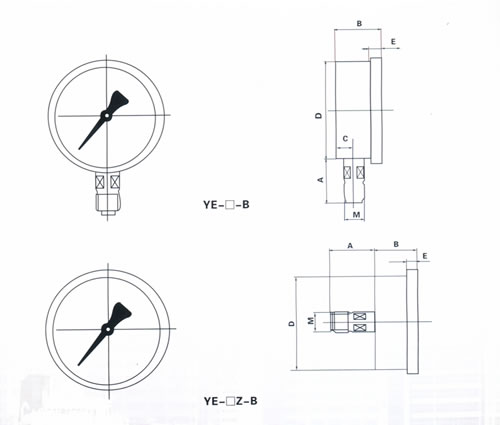 不鏽(xiù)鋼膜盒(hé)壓力表(biao)外形尺(chǐ)寸